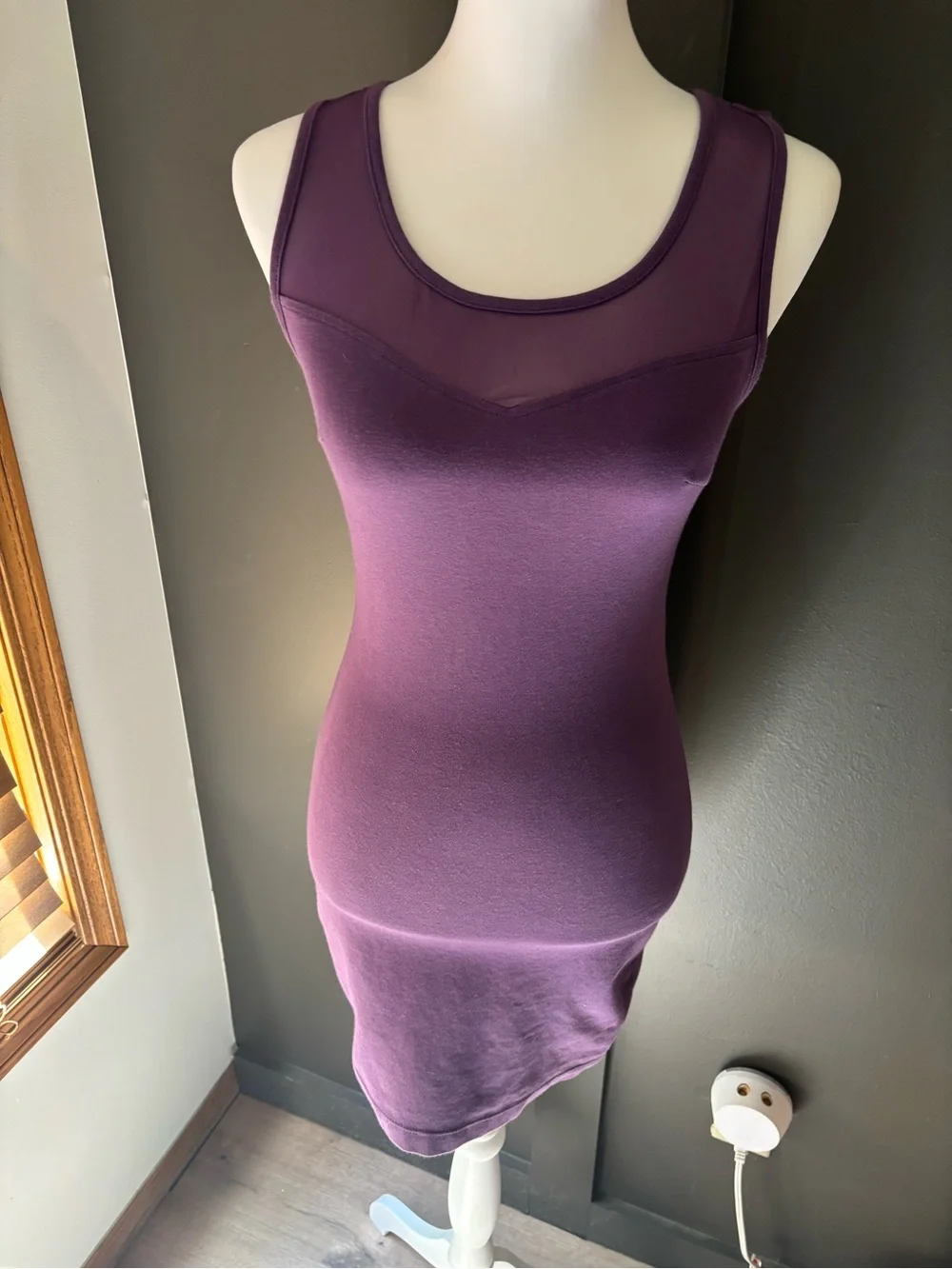 Guess Purple Bodycon Mini Dress Mesh Trim Zip Back Sleeveless Size Small